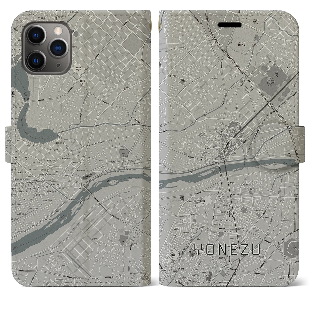 【米津】地図柄iPhoneケース（手帳両面タイプ・モノトーン）iPhone 11 Pro Max 用
