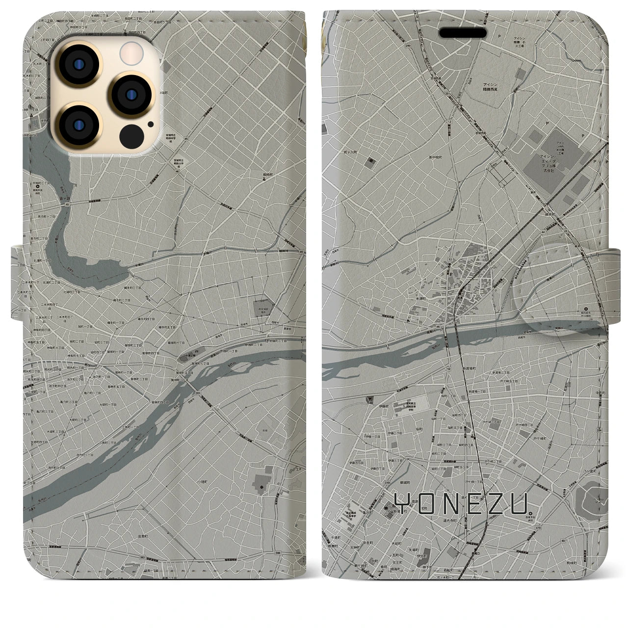 【米津】地図柄iPhoneケース（手帳両面タイプ・モノトーン）iPhone 12 Pro Max 用