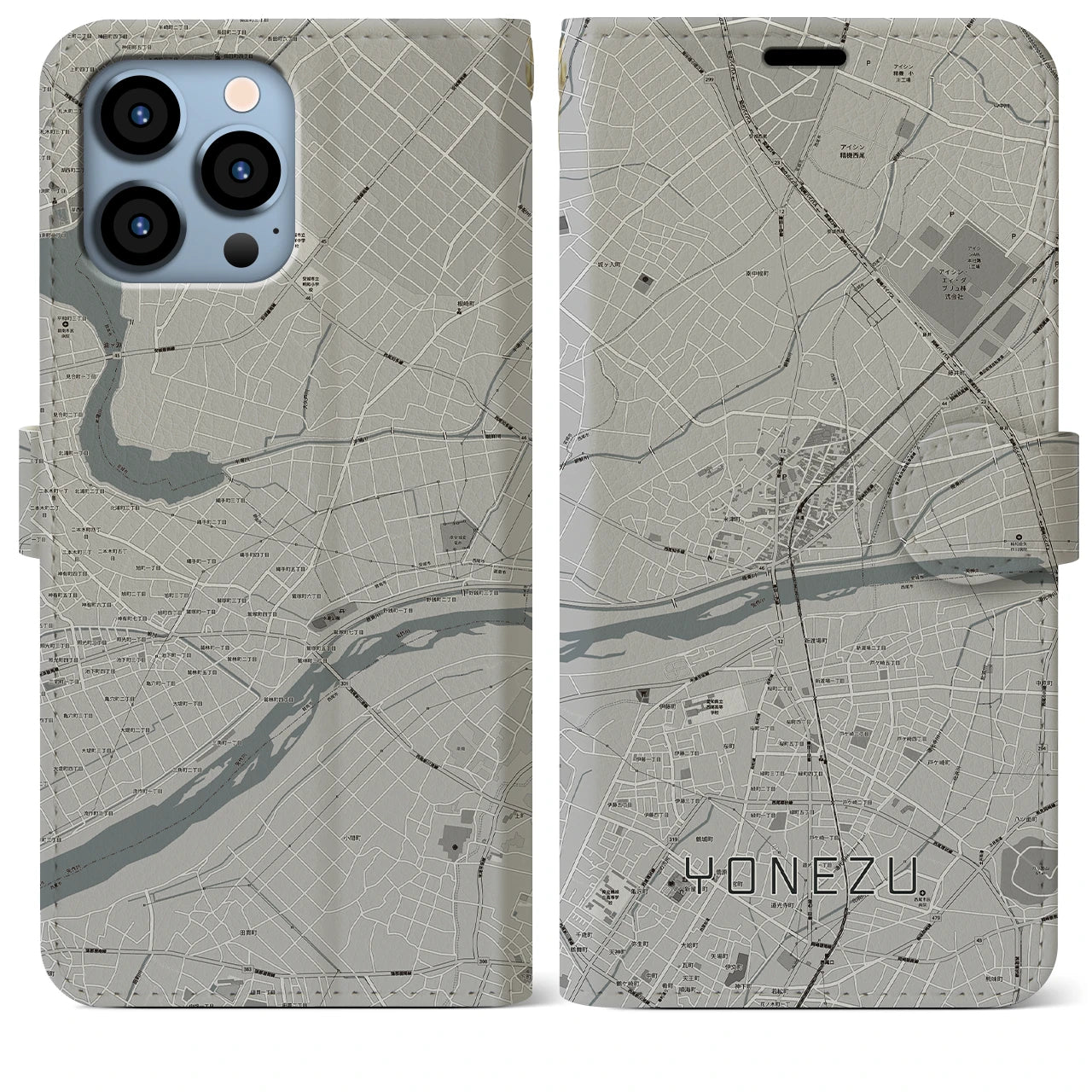 【米津】地図柄iPhoneケース（手帳両面タイプ・モノトーン）iPhone 13 Pro Max 用