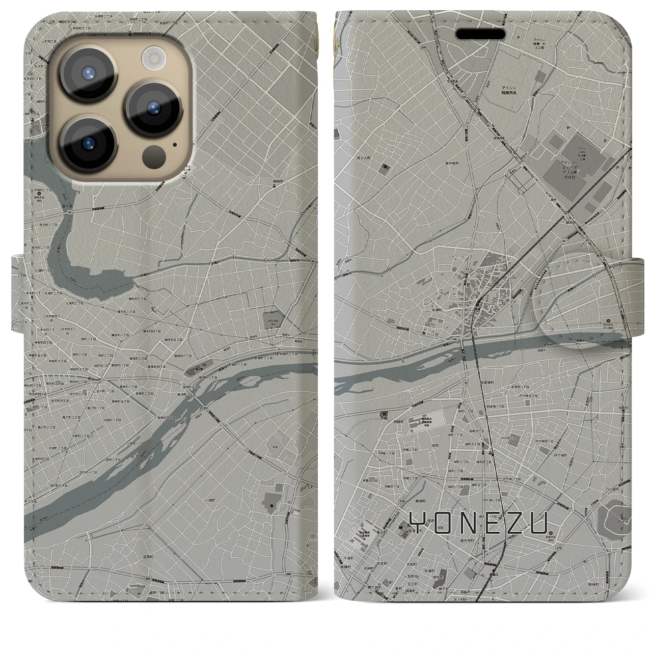 【米津】地図柄iPhoneケース（手帳両面タイプ・モノトーン）iPhone 14 Pro Max 用