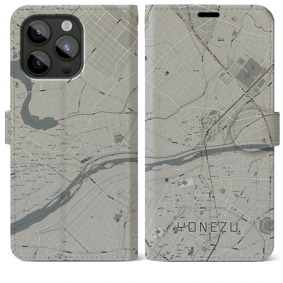 【米津】地図柄iPhoneケース（手帳両面タイプ・モノトーン）iPhone 15 Pro Max 用