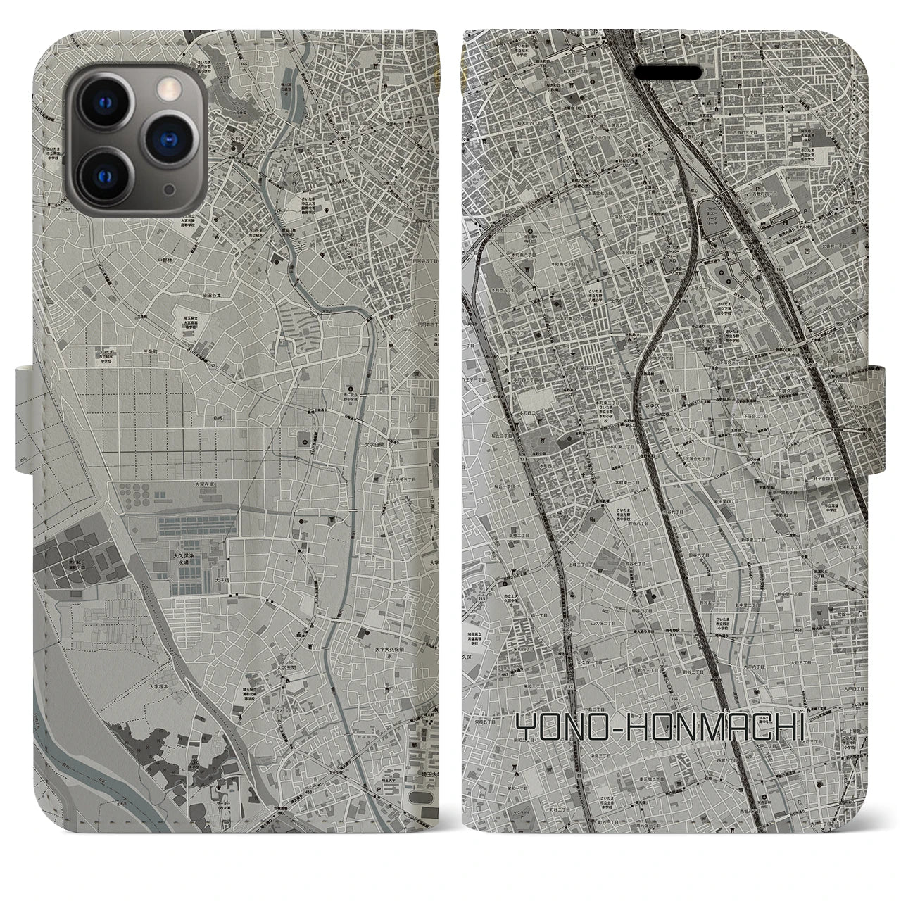 【与野本町】地図柄iPhoneケース（手帳両面タイプ・モノトーン）iPhone 11 Pro Max 用