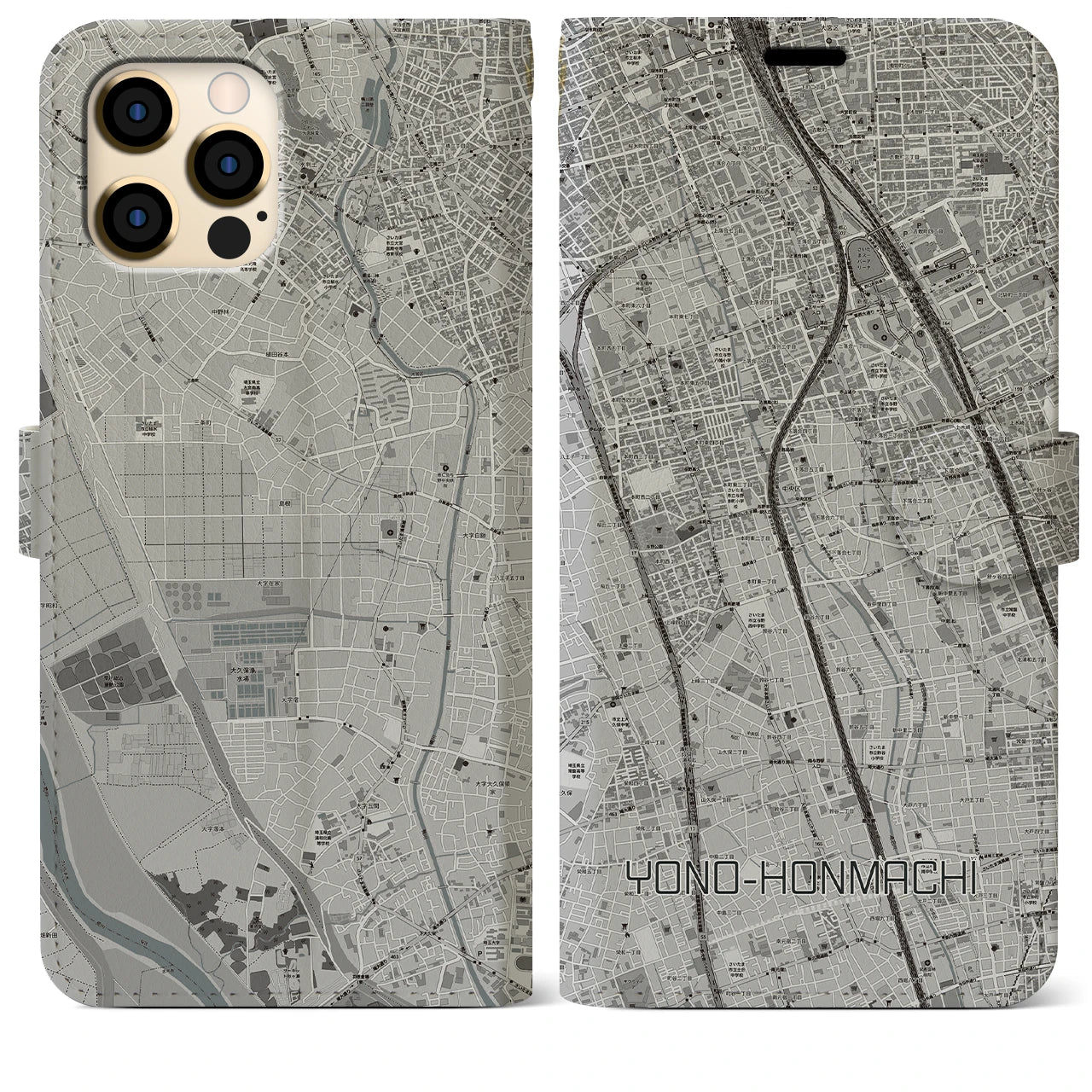 【与野本町】地図柄iPhoneケース（手帳両面タイプ・モノトーン）iPhone 12 Pro Max 用
