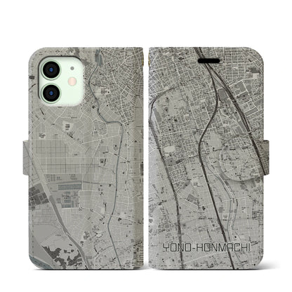 【与野本町（埼玉県）】地図柄iPhoneケース（手帳タイプ）モノトーン・iPhone 12 mini 用