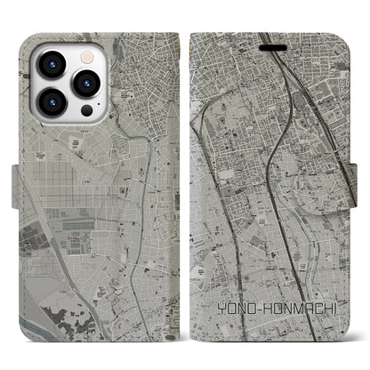 【与野本町（埼玉県）】地図柄iPhoneケース（手帳タイプ）モノトーン・iPhone 13 Pro 用