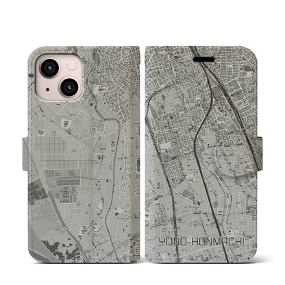 【与野本町（埼玉県）】地図柄iPhoneケース（手帳タイプ）モノトーン・iPhone 13 mini 用