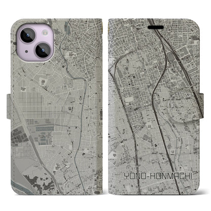 【与野本町（埼玉県）】地図柄iPhoneケース（手帳タイプ）モノトーン・iPhone 14 用