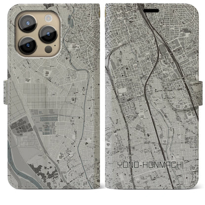 【与野本町（埼玉県）】地図柄iPhoneケース（手帳タイプ）モノトーン・iPhone 14 Pro Max 用