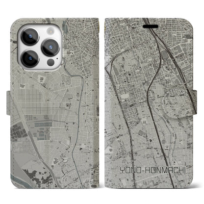 【与野本町（埼玉県）】地図柄iPhoneケース（手帳タイプ）モノトーン・iPhone 14 Pro 用