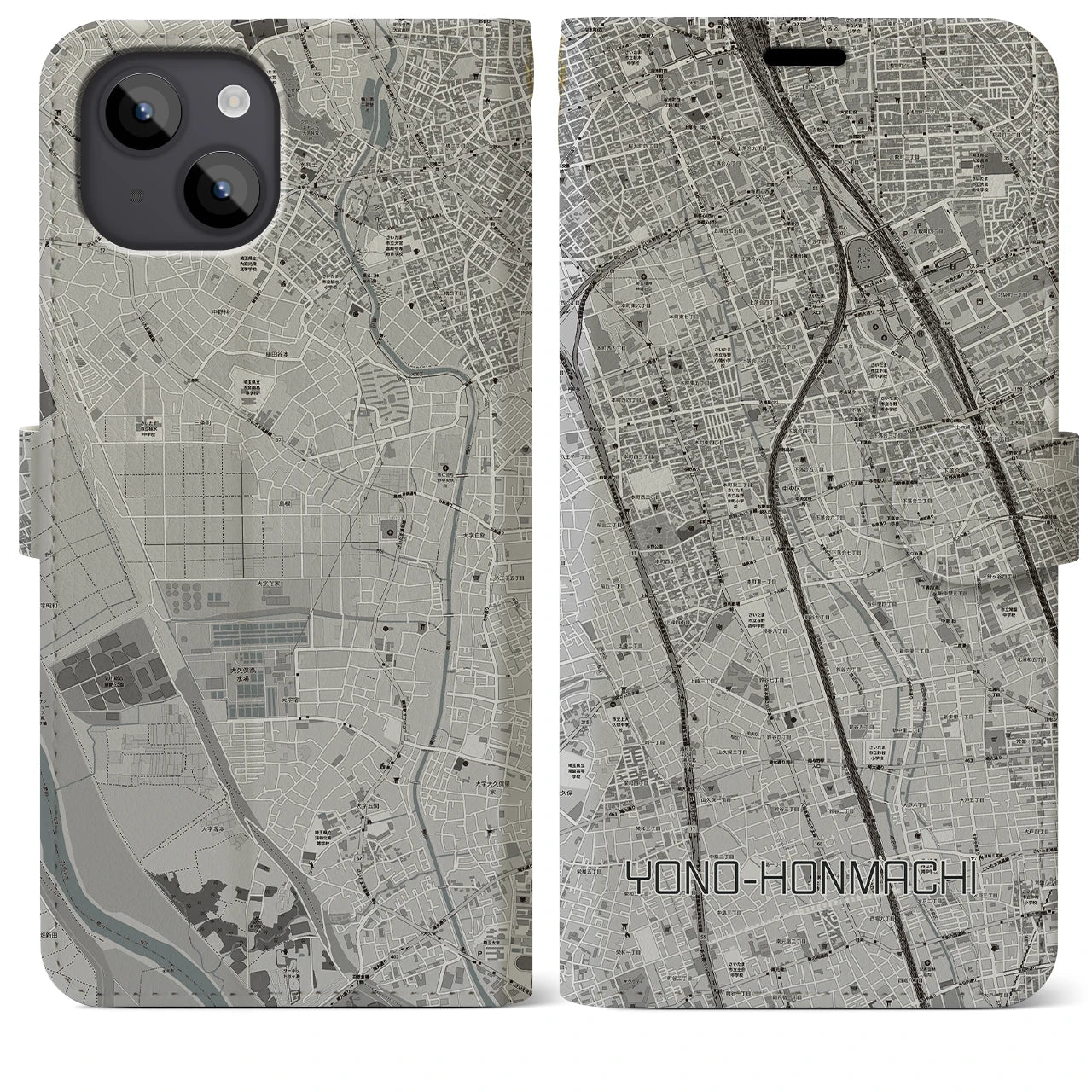 【与野本町】地図柄iPhoneケース（手帳両面タイプ・モノトーン）iPhone 14 Plus 用