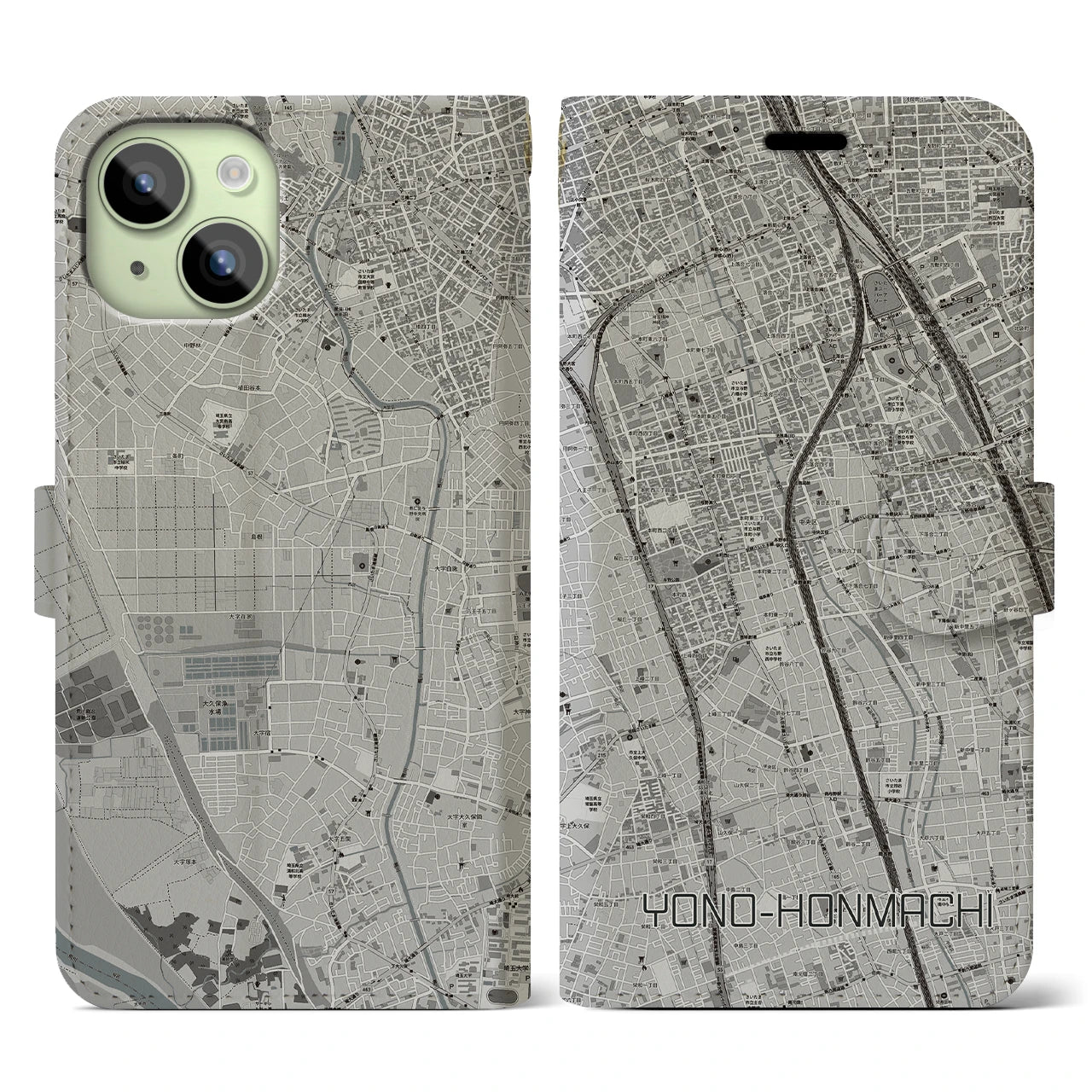 【与野本町】地図柄iPhoneケース（手帳両面タイプ・モノトーン）iPhone 15 用