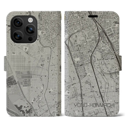 【与野本町（埼玉県）】地図柄iPhoneケース（手帳タイプ）モノトーン・iPhone 16 用