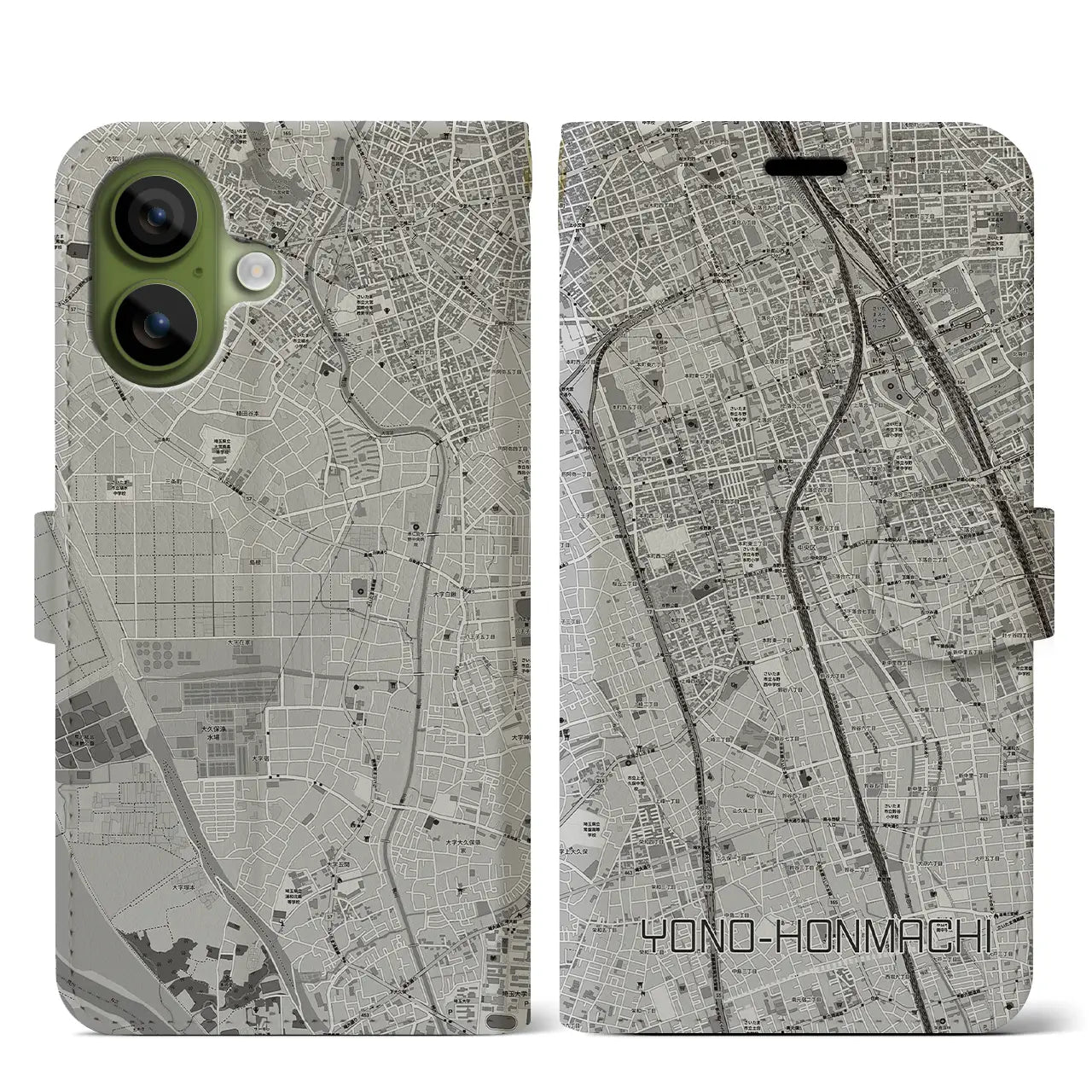 【与野本町（埼玉県）】地図柄iPhoneケース（手帳タイプ）