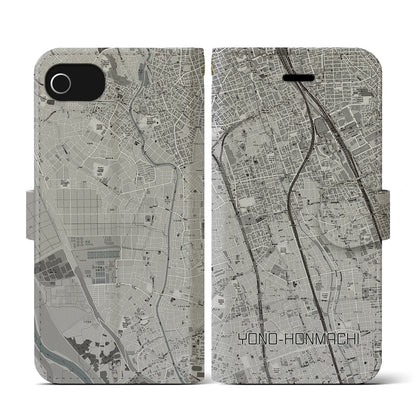 【与野本町（埼玉県）】地図柄iPhoneケース（手帳タイプ）モノトーン・iPhone SE（第3 / 第2世代） / 8 / 7 / 6s / 6 用