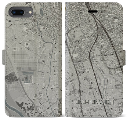 【与野本町（埼玉県）】地図柄iPhoneケース（手帳タイプ）モノトーン・iPhone 8Plus /7Plus / 6sPlus / 6Plus 用