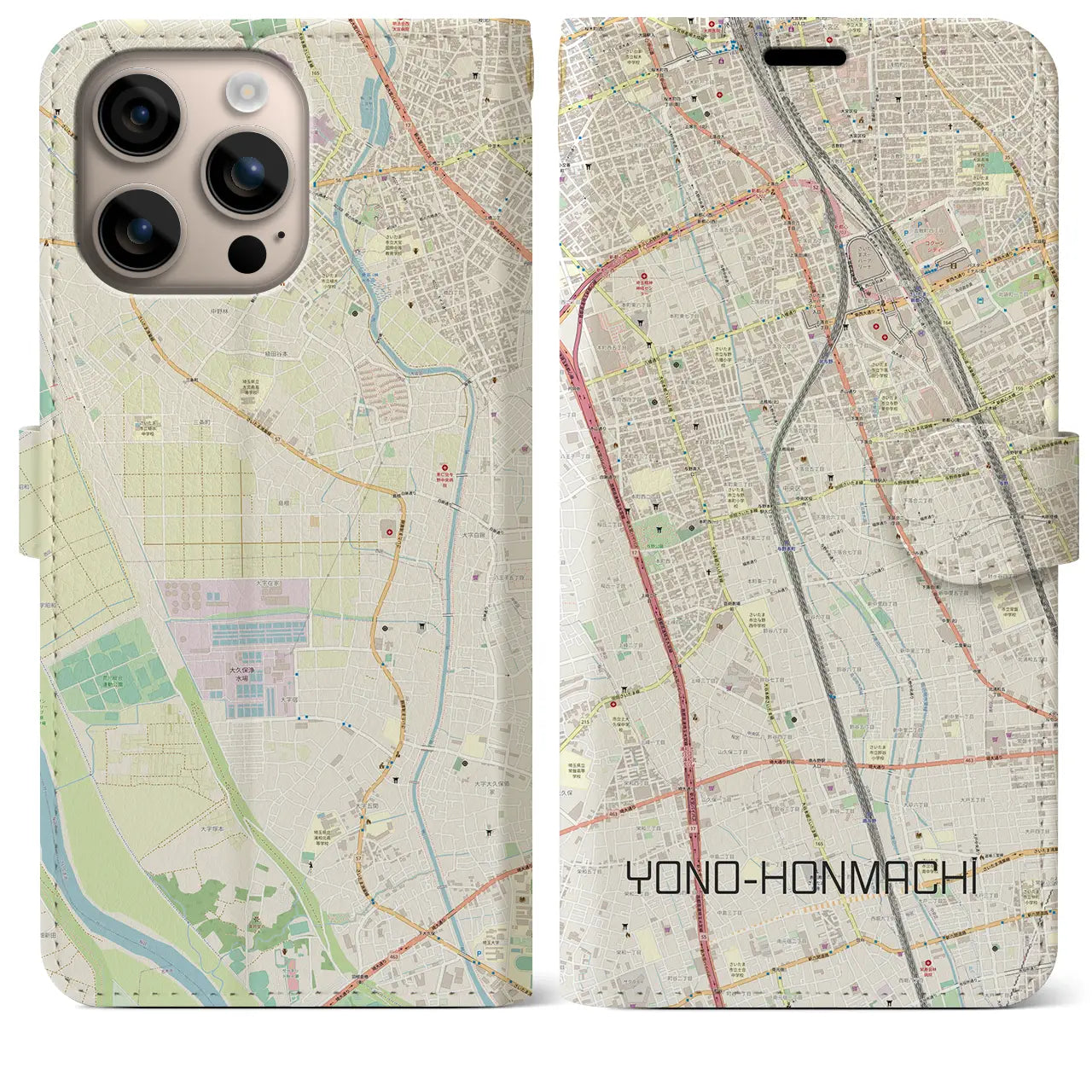 【与野本町（埼玉県）】地図柄iPhoneケース（手帳タイプ）ナチュラル・iPhone 16 Plus 用