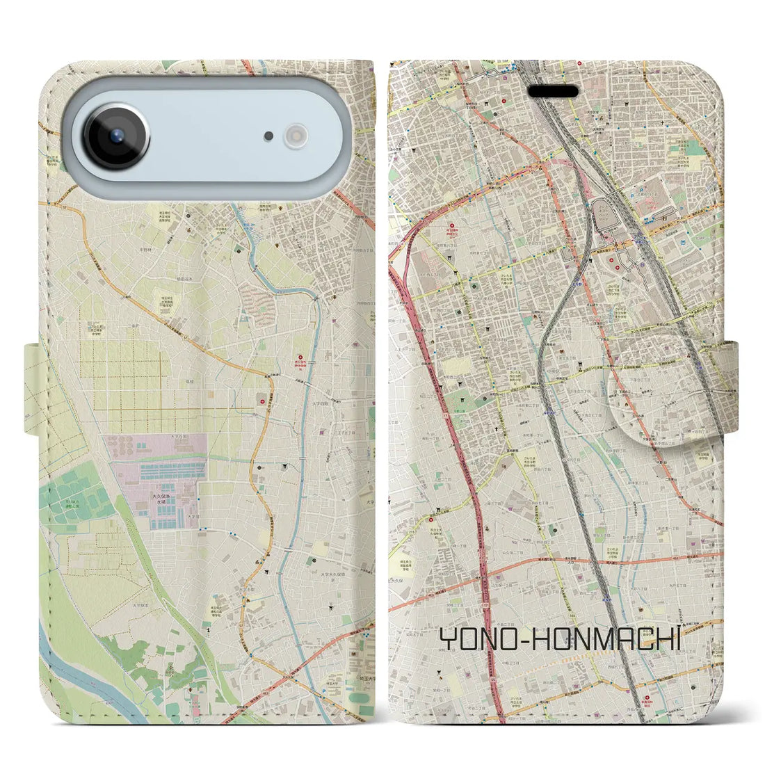 【与野本町(埼玉県)】地図柄iPhoneケース(手帳タイプ)モノトーン・iPhone 17 Pro Max 用