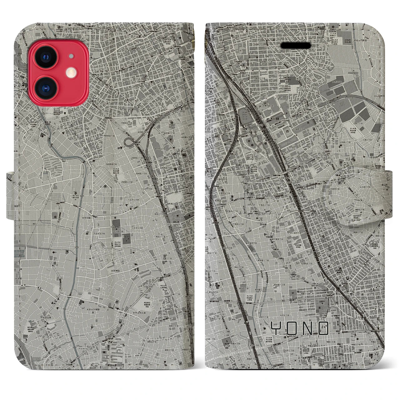 【与野】地図柄iPhoneケース（手帳両面タイプ・モノトーン）iPhone 11 用