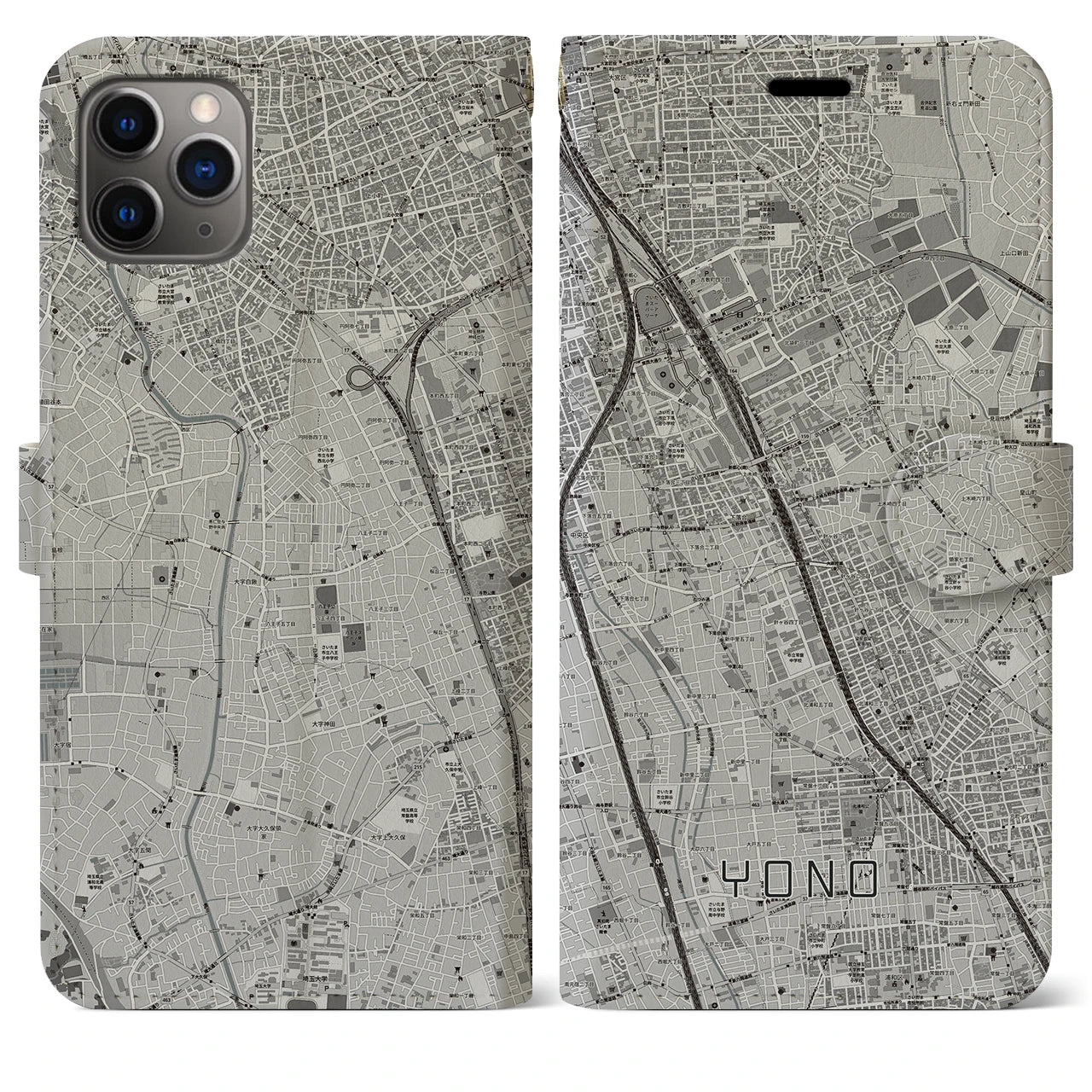 【与野】地図柄iPhoneケース（手帳両面タイプ・モノトーン）iPhone 11 Pro Max 用