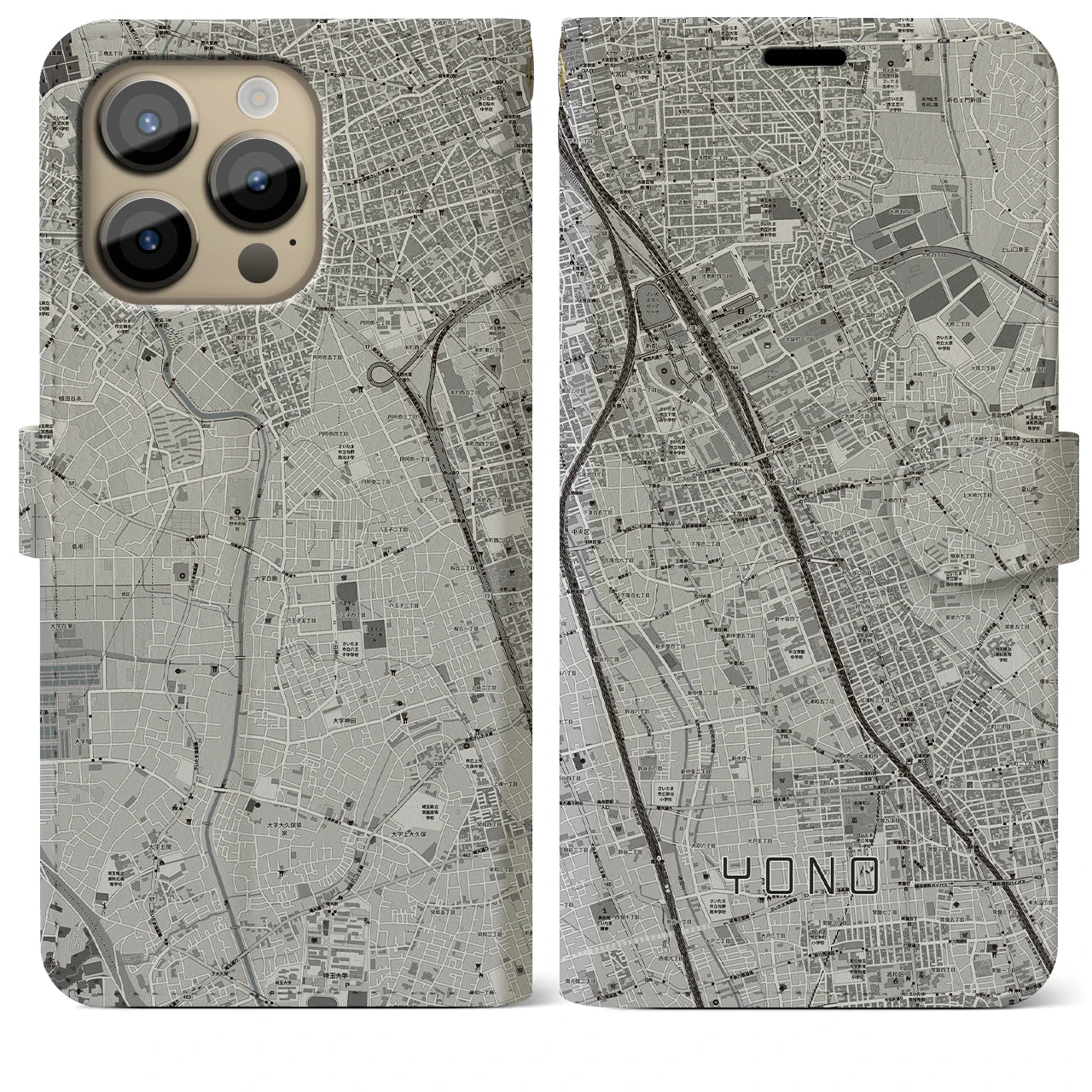 【与野】地図柄iPhoneケース（手帳両面タイプ・モノトーン）iPhone 14 Pro Max 用