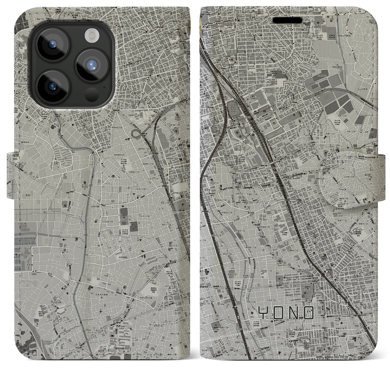 【与野】地図柄iPhoneケース（手帳両面タイプ・モノトーン）iPhone 15 Pro Max 用
