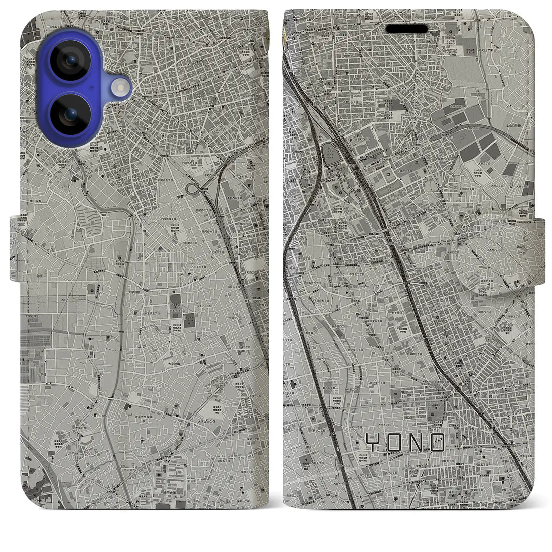 【与野(埼玉県)】地図柄iPhoneケース(手帳タイプ)モノトーン・iPhone 16 Pro Max 用