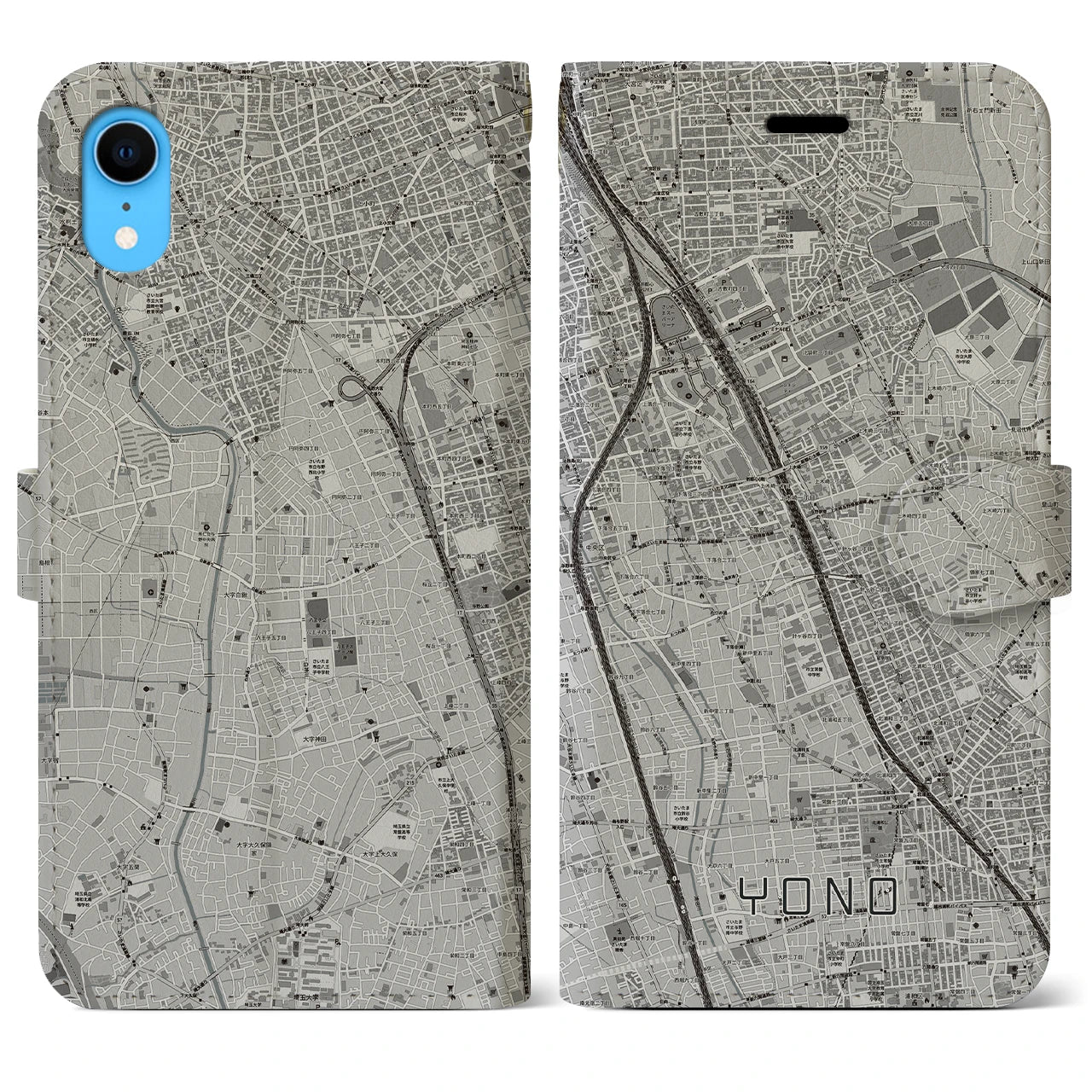 【与野】地図柄iPhoneケース（手帳両面タイプ・モノトーン）iPhone XR 用