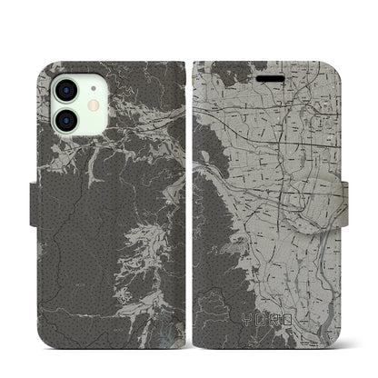 【養老（岐阜県）】地図柄iPhoneケース（手帳タイプ）モノトーン・iPhone 12 mini 用