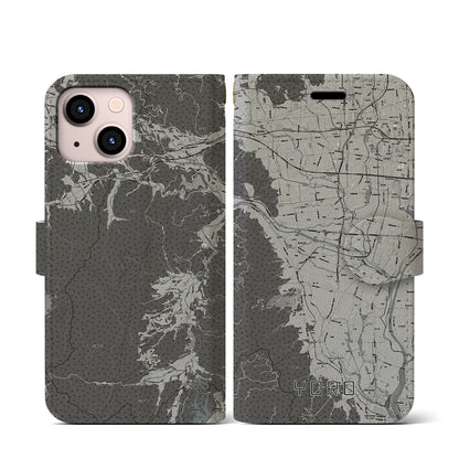 【養老（岐阜県）】地図柄iPhoneケース（手帳タイプ）モノトーン・iPhone 13 mini 用