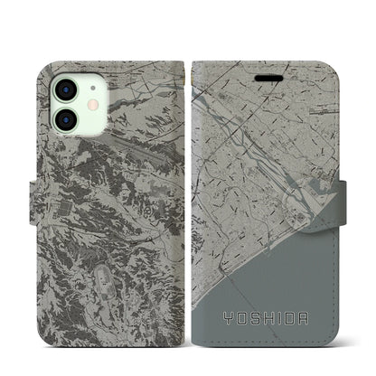 【吉田（静岡県）】地図柄iPhoneケース（手帳タイプ）モノトーン・iPhone 12 mini 用