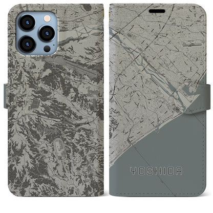 【吉田（静岡県）】地図柄iPhoneケース（手帳タイプ）モノトーン・iPhone 13 Pro Max 用