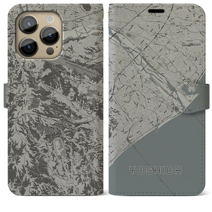 【吉田（静岡県）】地図柄iPhoneケース（手帳タイプ）モノトーン・iPhone 14 Pro Max 用