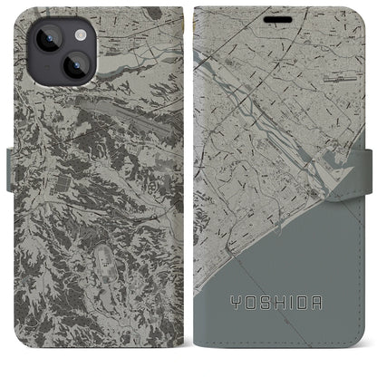 【吉田（静岡県）】地図柄iPhoneケース（手帳タイプ）モノトーン・iPhone 14 Plus 用