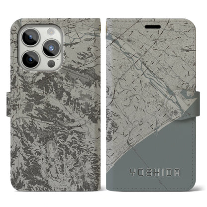 【吉田（静岡県）】地図柄iPhoneケース（手帳タイプ）モノトーン・iPhone 15 Pro 用