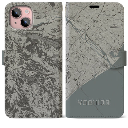 【吉田（静岡県）】地図柄iPhoneケース（手帳タイプ）モノトーン・iPhone 15 Plus 用