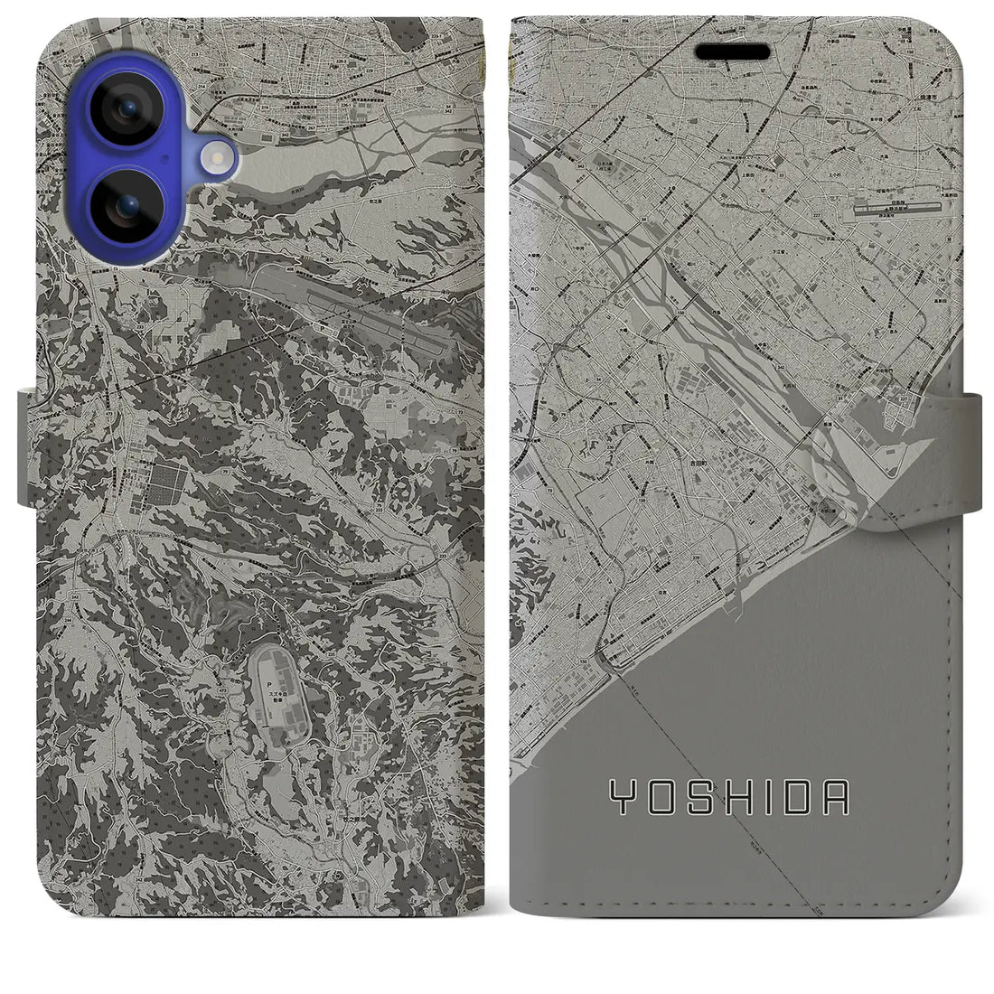 【吉田(静岡県)】地図柄iPhoneケース(手帳タイプ)モノトーン・iPhone 16 Pro Max 用