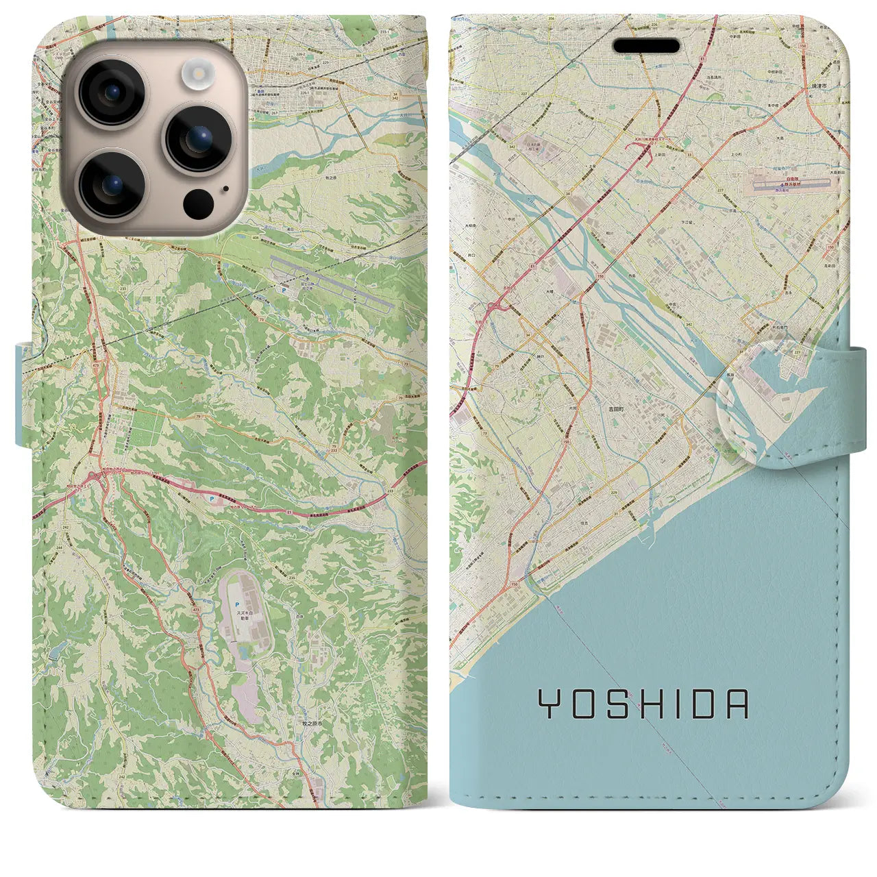 【吉田（静岡県）】地図柄iPhoneケース（手帳タイプ）ナチュラル・iPhone 16 Plus 用