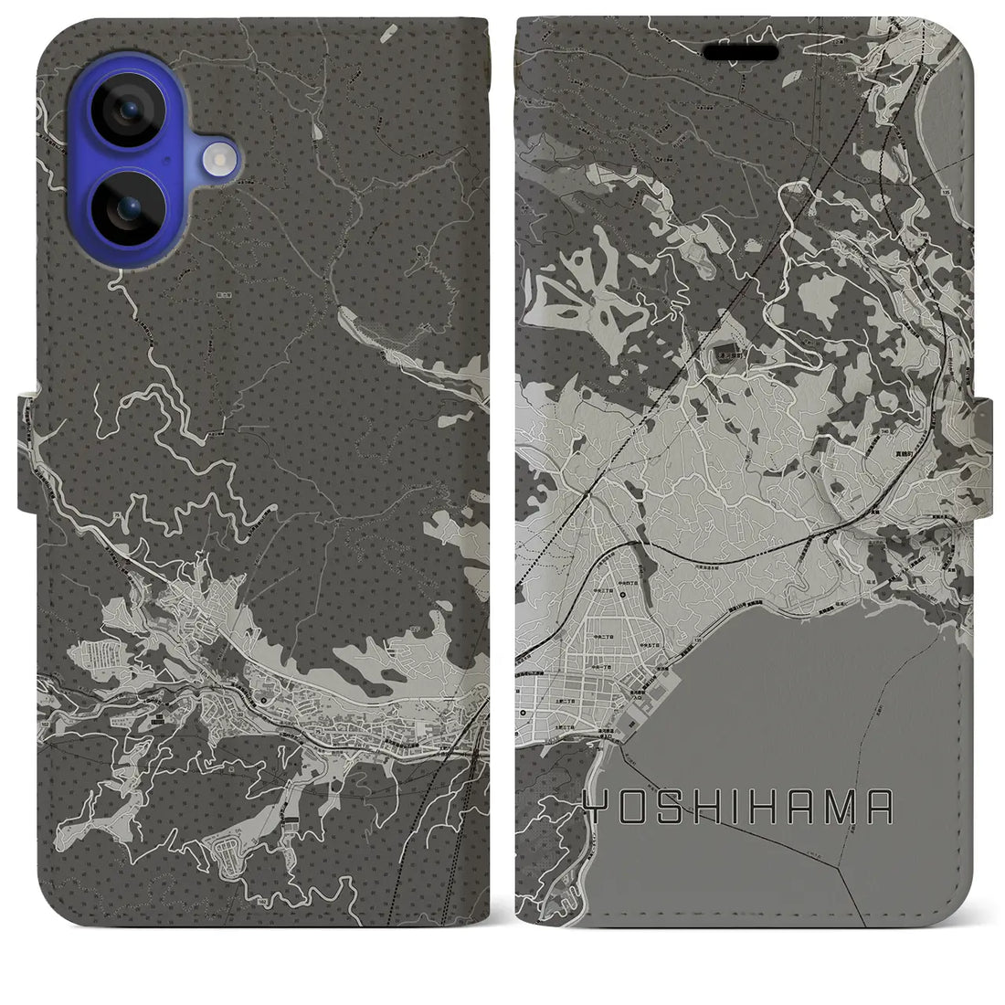 【吉浜(神奈川県)】地図柄iPhoneケース(手帳タイプ)モノトーン・iPhone 16 Pro Max 用