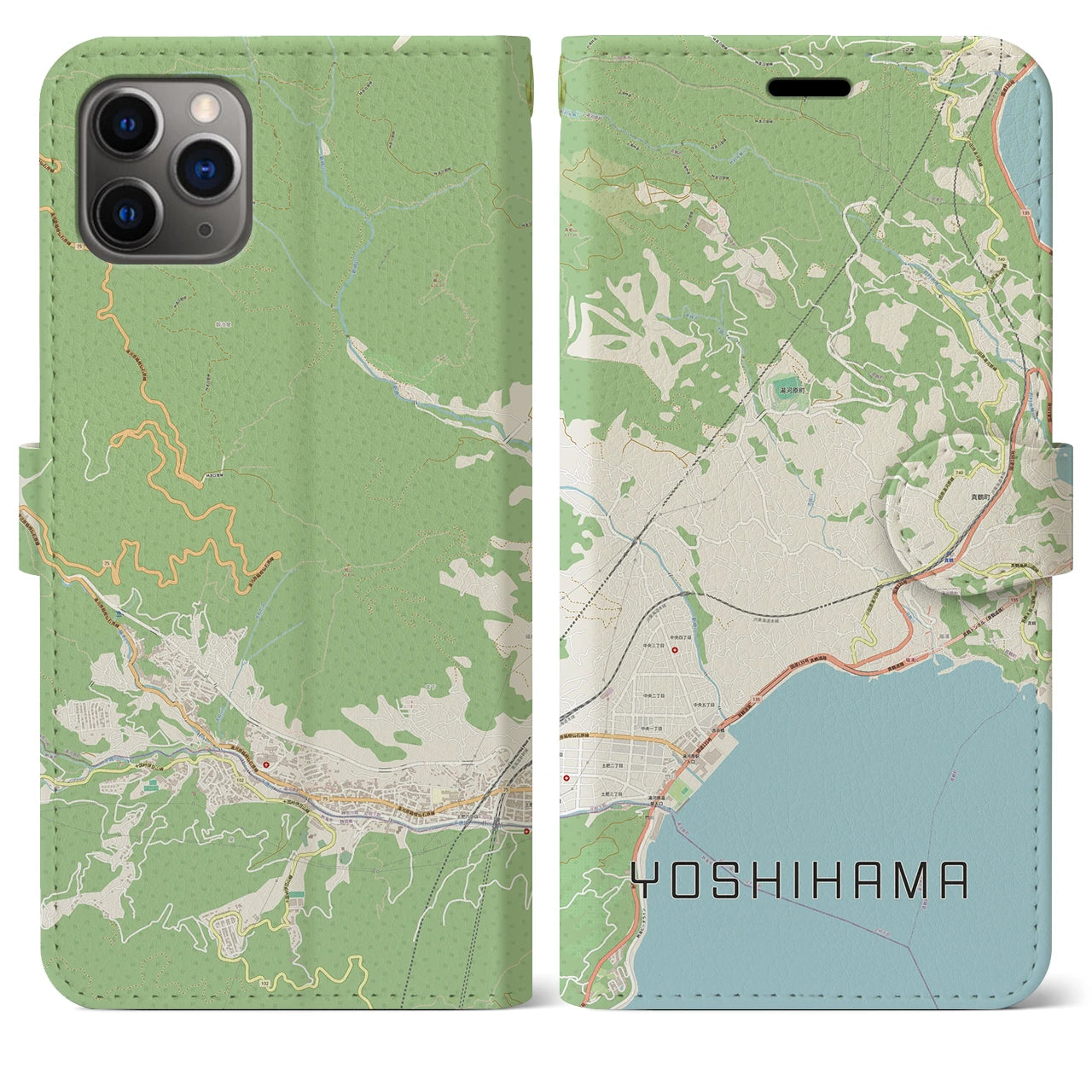 【吉浜】地図柄iPhoneケース（手帳両面タイプ・ナチュラル）iPhone 11 Pro Max 用