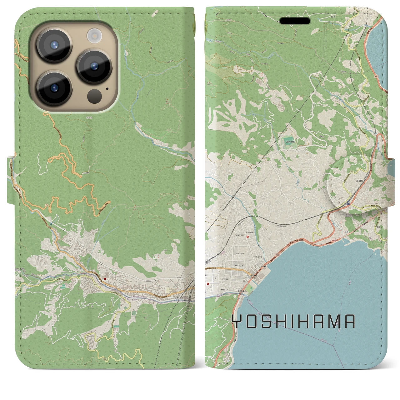 【吉浜】地図柄iPhoneケース（手帳両面タイプ・ナチュラル）iPhone 14 Pro Max 用