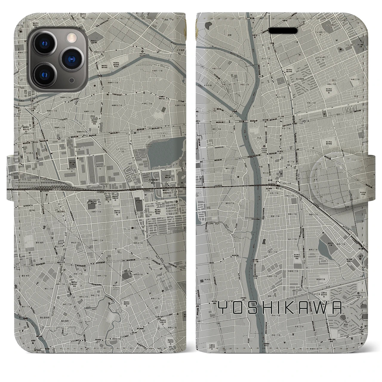 【吉川】地図柄iPhoneケース（手帳両面タイプ・モノトーン）iPhone 11 Pro Max 用