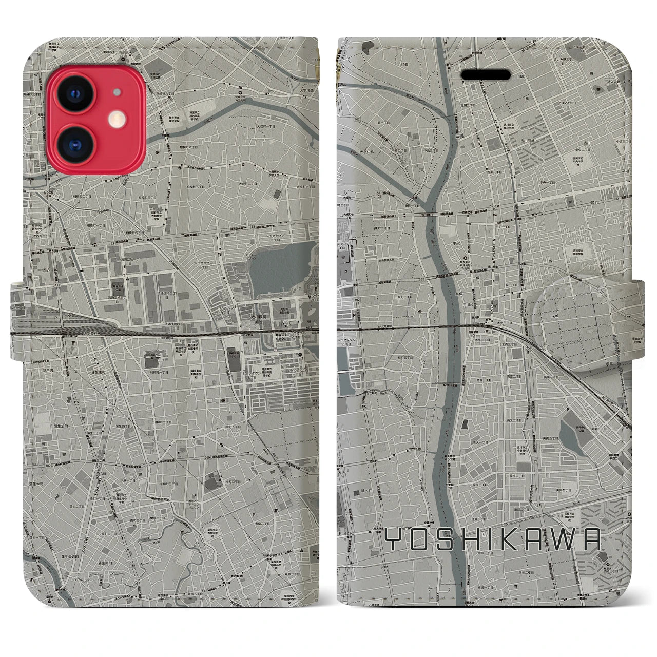 【吉川】地図柄iPhoneケース（手帳両面タイプ・モノトーン）iPhone 11 用