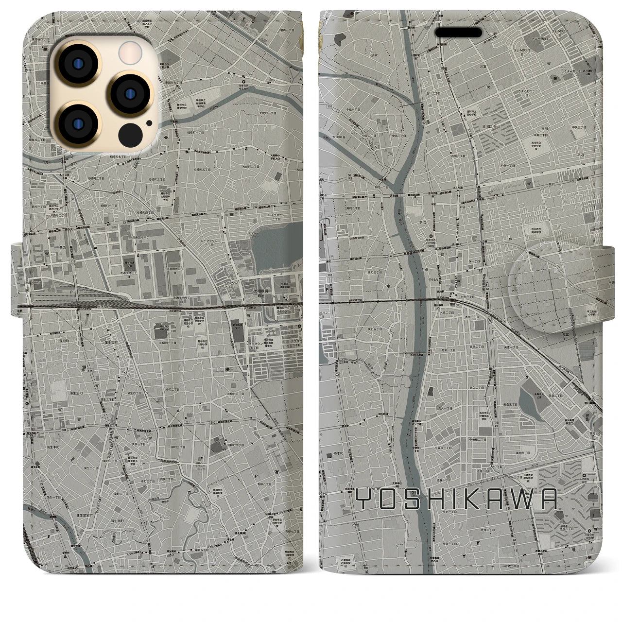 【吉川】地図柄iPhoneケース（手帳両面タイプ・モノトーン）iPhone 12 Pro Max 用