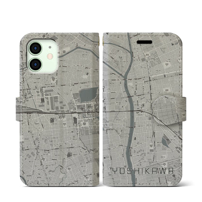 【吉川（埼玉県）】地図柄iPhoneケース（手帳タイプ）モノトーン・iPhone 12 mini 用