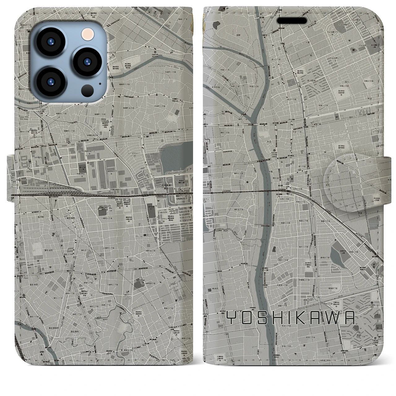 【吉川】地図柄iPhoneケース（手帳両面タイプ・モノトーン）iPhone 13 Pro Max 用