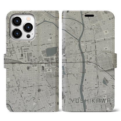 【吉川（埼玉県）】地図柄iPhoneケース（手帳タイプ）モノトーン・iPhone 13 Pro 用