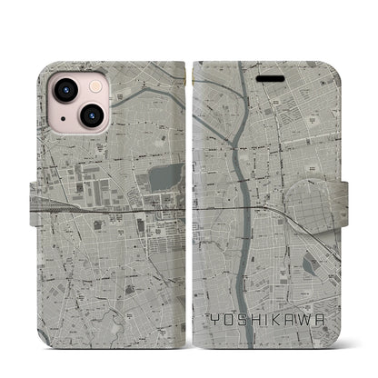 【吉川（埼玉県）】地図柄iPhoneケース（手帳タイプ）モノトーン・iPhone 13 mini 用