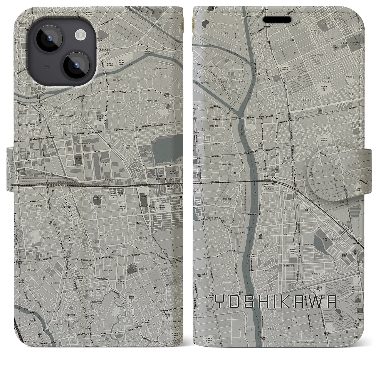 【吉川】地図柄iPhoneケース（手帳両面タイプ・モノトーン）iPhone 14 Plus 用