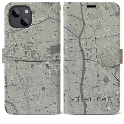 【吉川（埼玉県）】地図柄iPhoneケース（手帳タイプ）モノトーン・iPhone 14 Plus 用