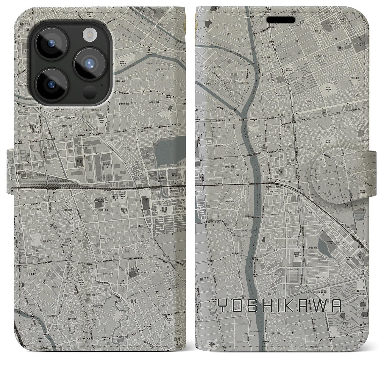 【吉川】地図柄iPhoneケース（手帳両面タイプ・モノトーン）iPhone 15 Pro Max 用